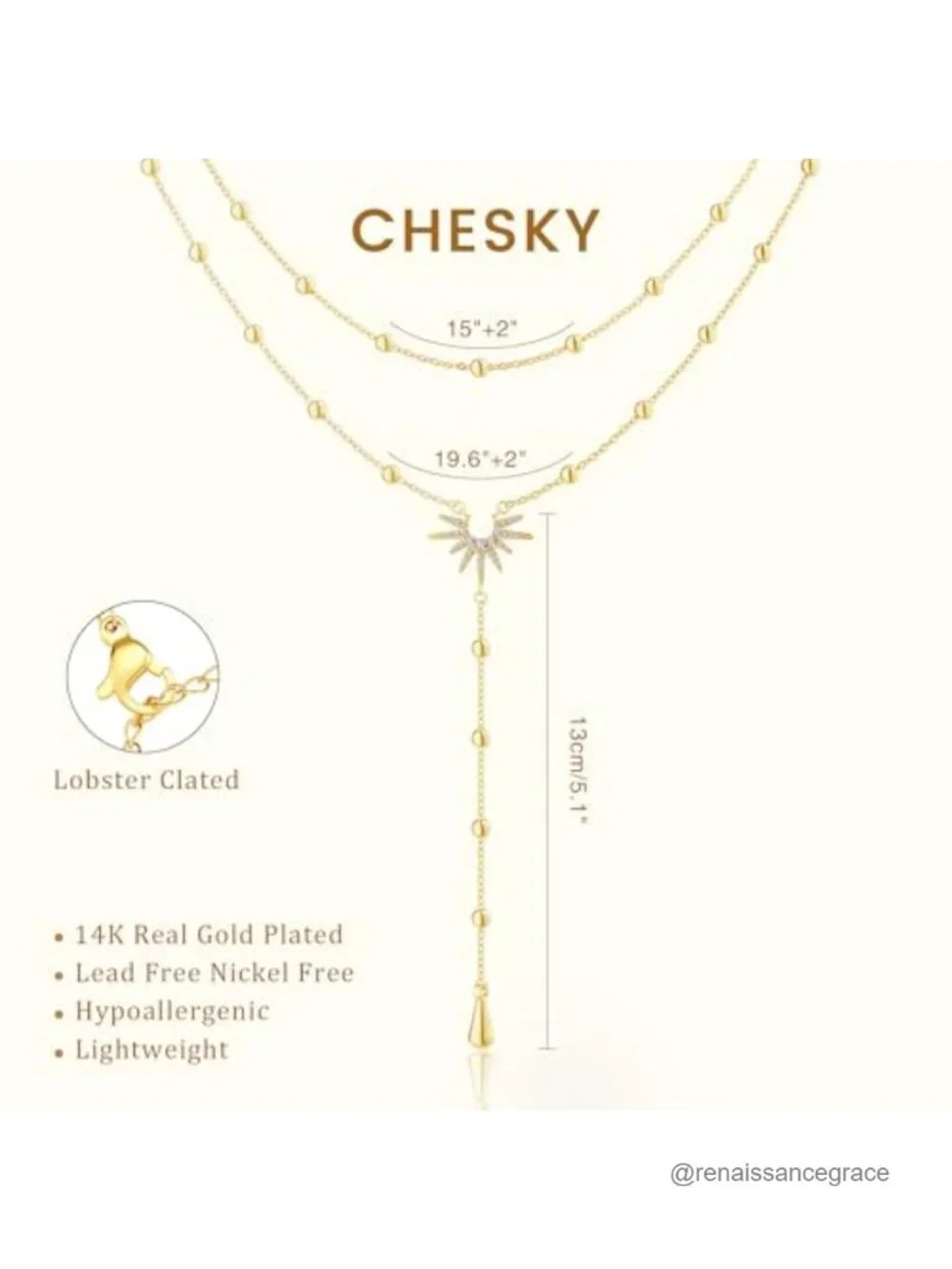 14K Gold Plated Lariat Y Necklace for Women Dainty Sun Pendant